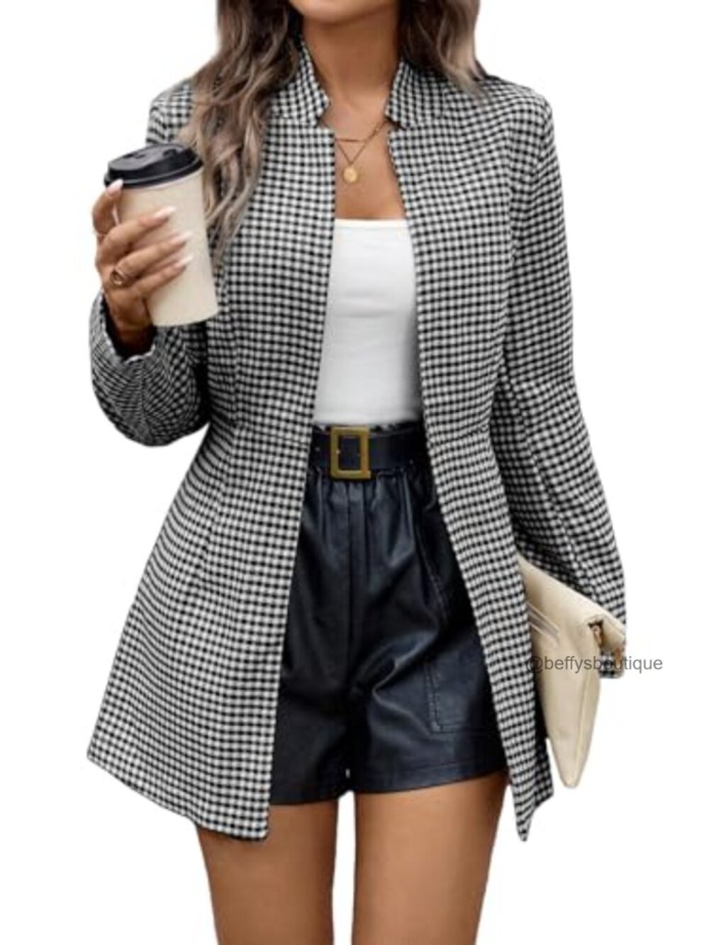Women's Long Houndstooth Blazer Open Front Business Casual Jacket
